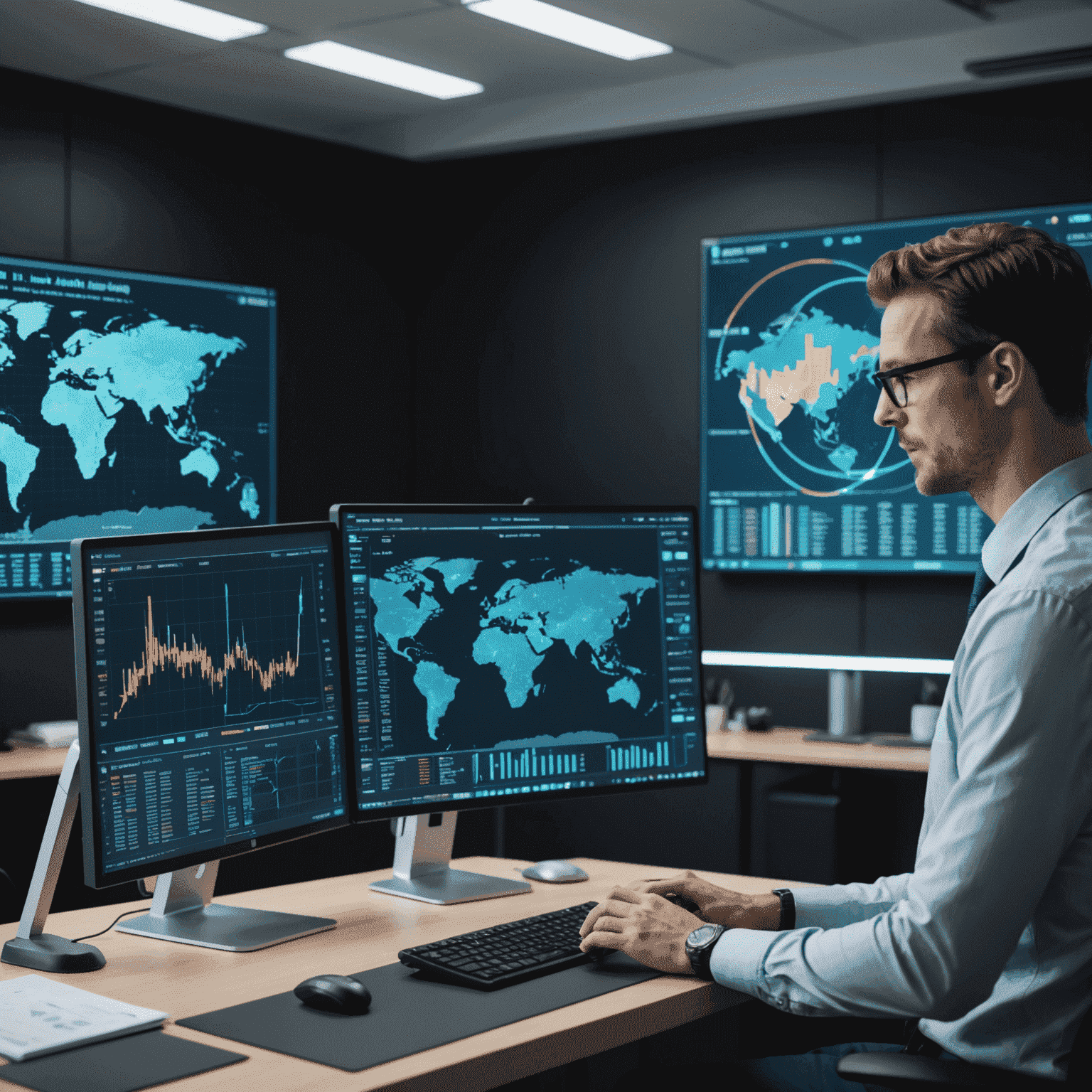 A futuristic visualization of AI analyzing financial data, with holographic charts and graphs floating above a computer screen in a modern office setting. An Australian professional is seen interacting with the display, showcasing the integration of AI in investment decision-making.