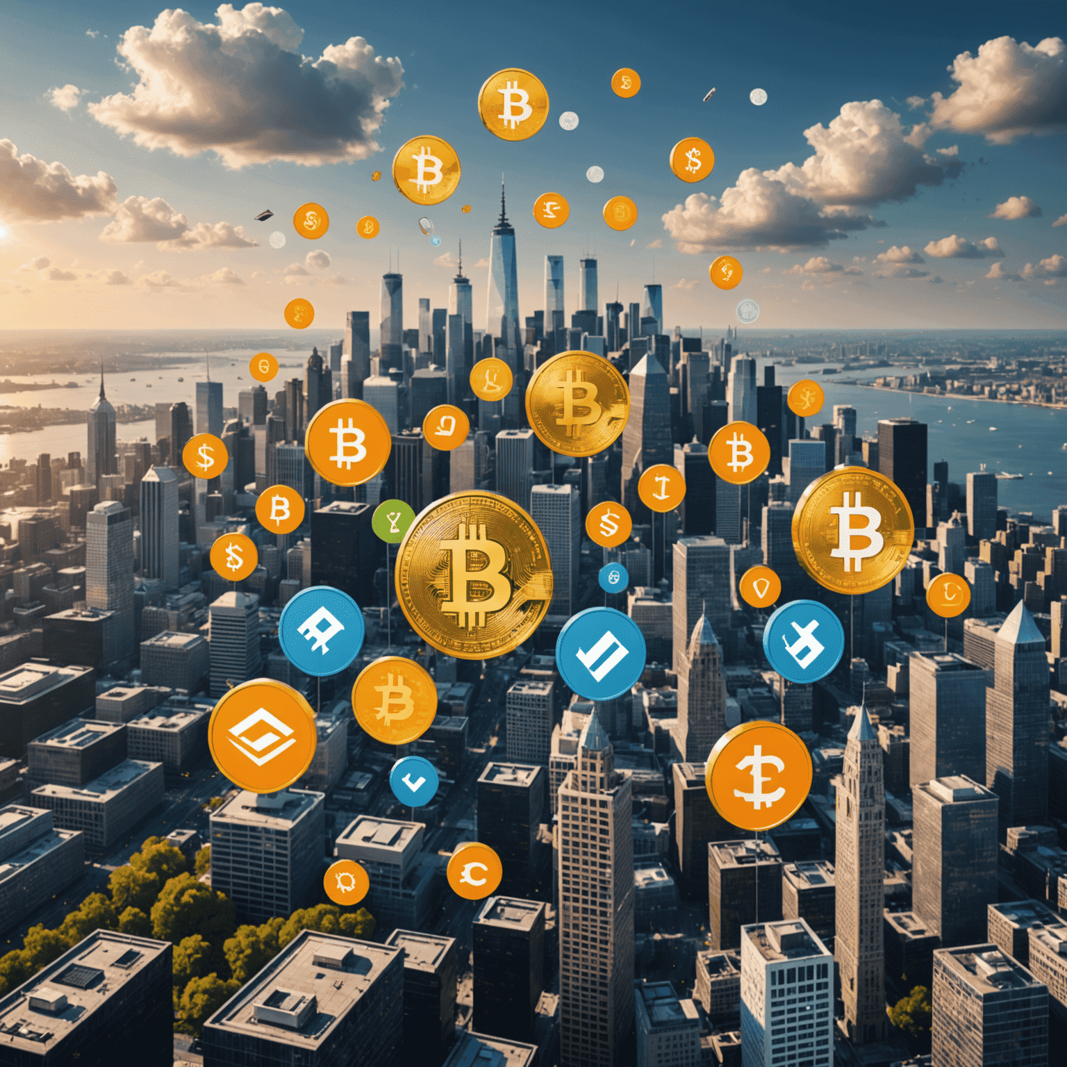 A digital representation of various cryptocurrency symbols floating above a cityscape, symbolizing the integration of digital currencies into the traditional financial world