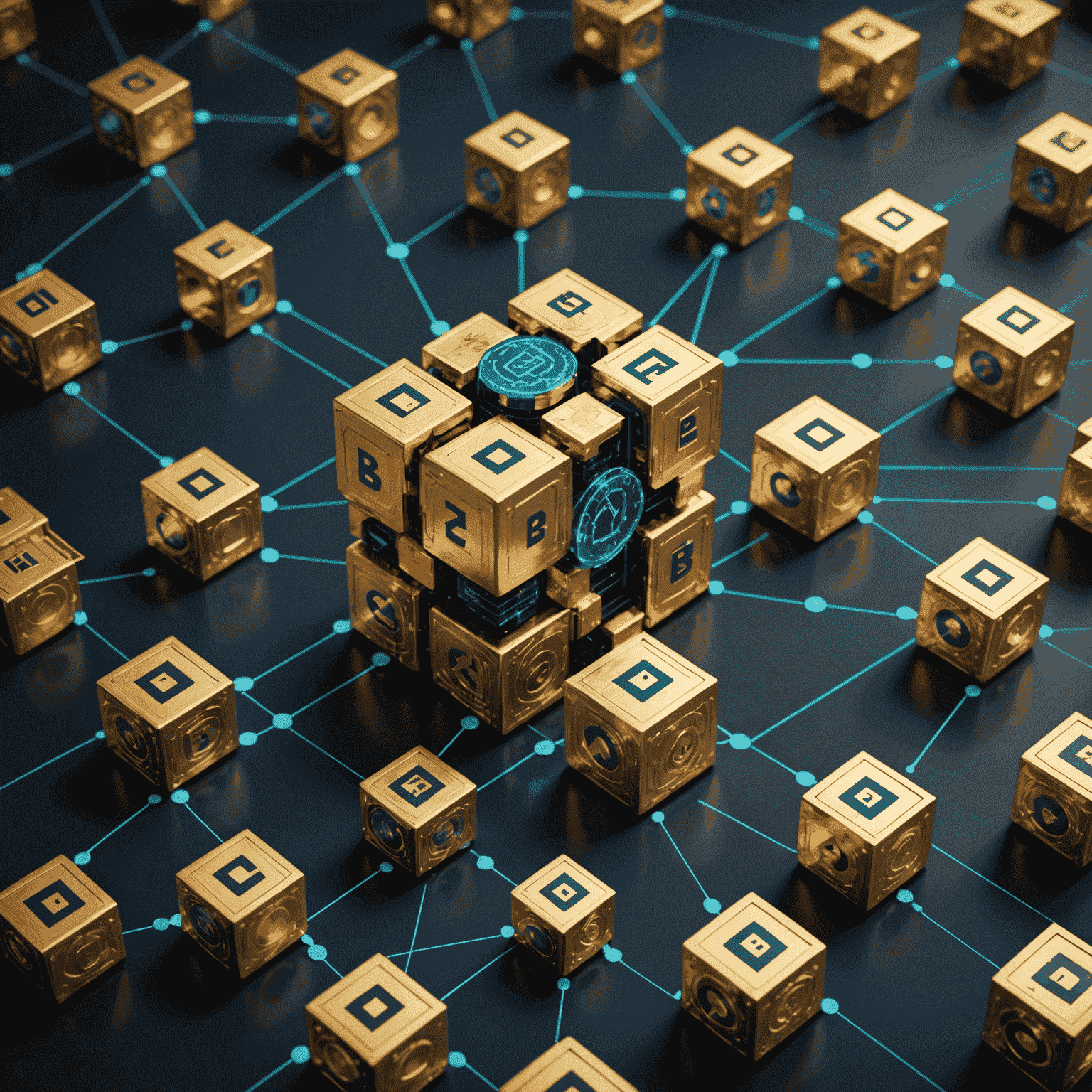 Visual representation of blockchain technology in finance, showing interconnected blocks with financial symbols and secure data transfer