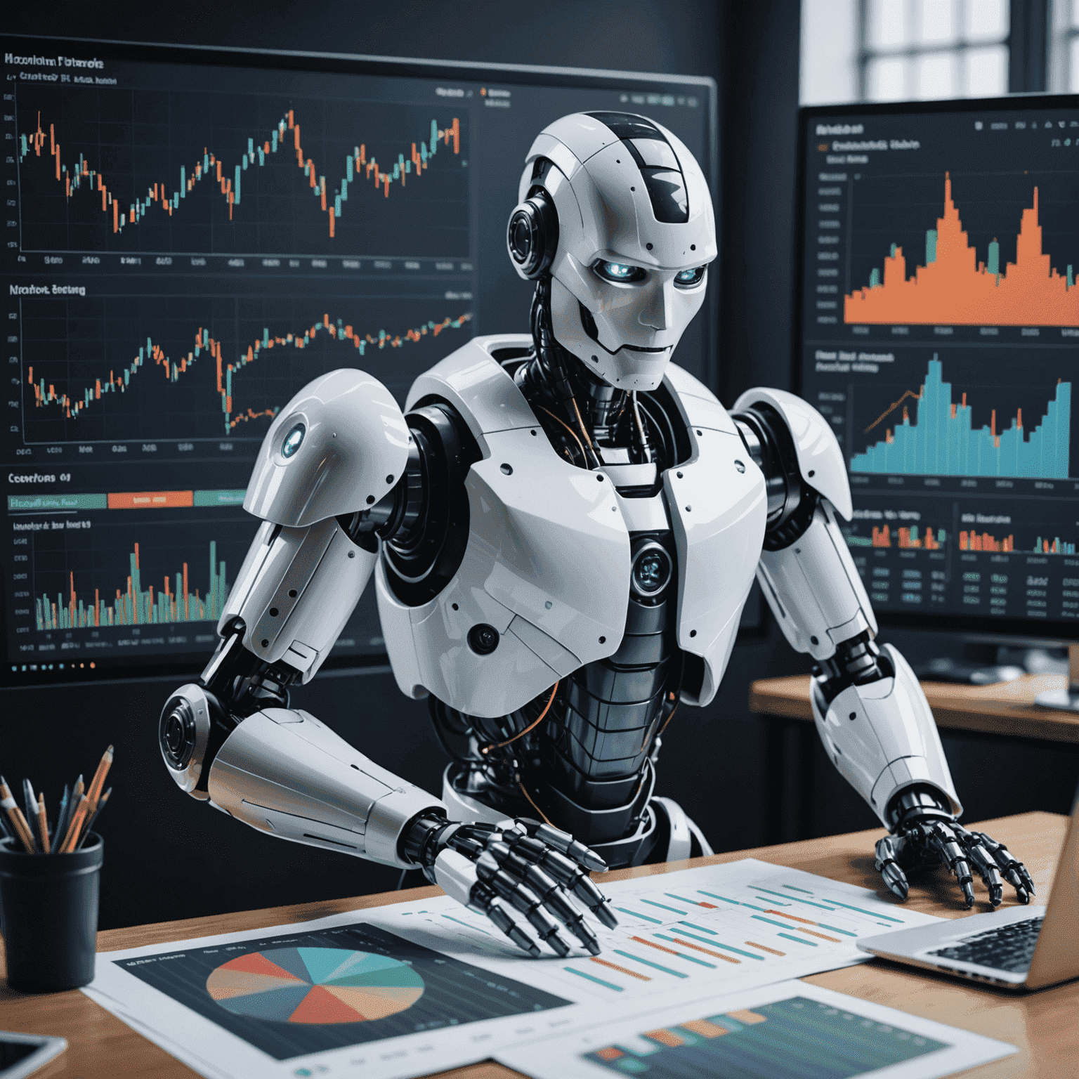 An image depicting AI-driven investment strategies, showing a robot or AI entity analyzing stock charts, financial data, and making investment decisions. The image should convey the idea of machine learning in finance.