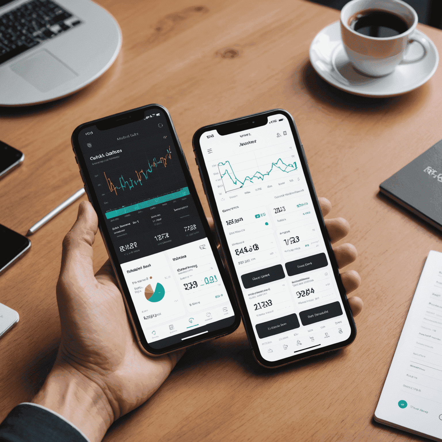 A sleek mobile app interface showing portfolio management features, real-time graphs, and automated rebalancing options