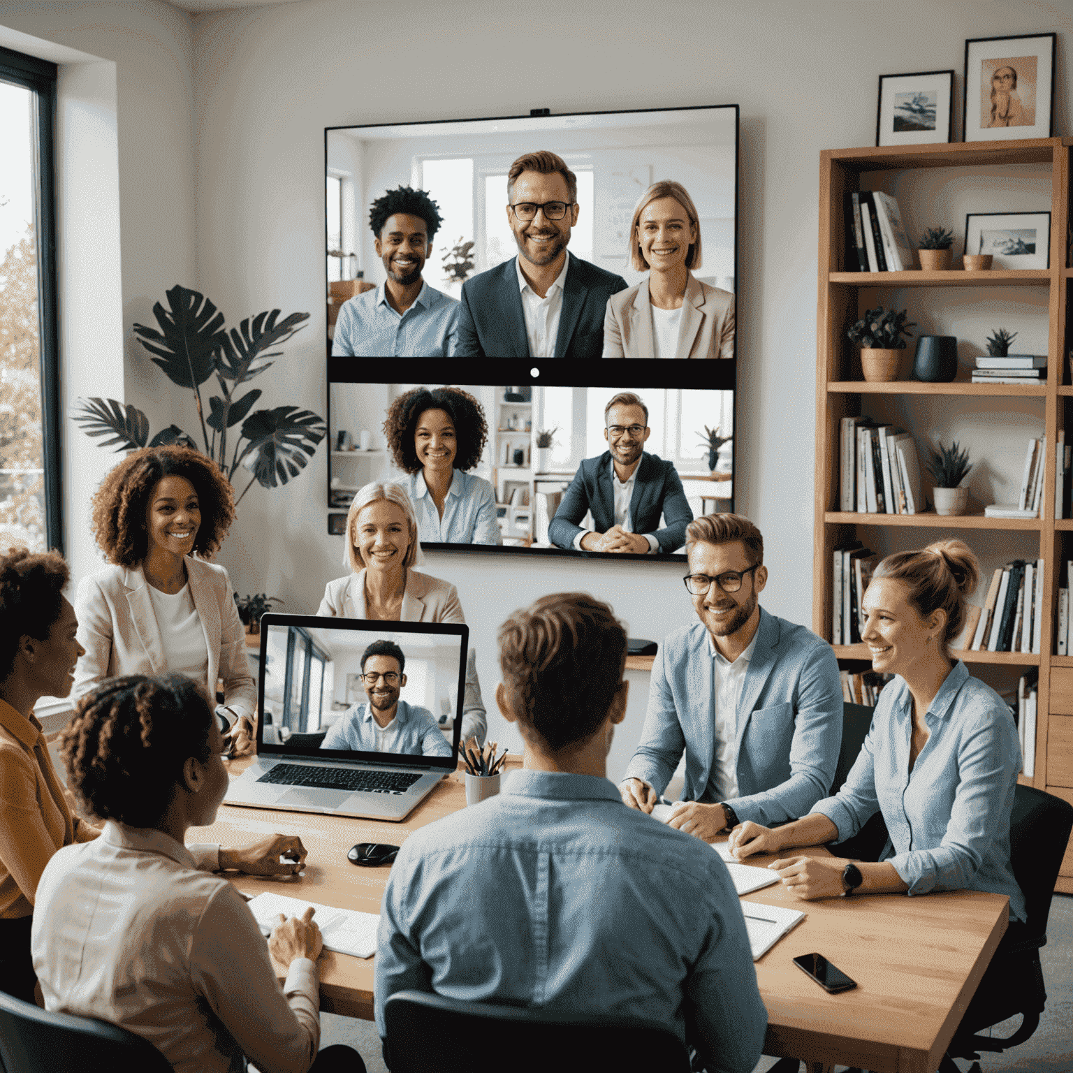 A diverse group of Australian adults participating in an online webinar, visible on a large screen. The participants are in a modern home office setting, actively engaging with the presenter through their devices.